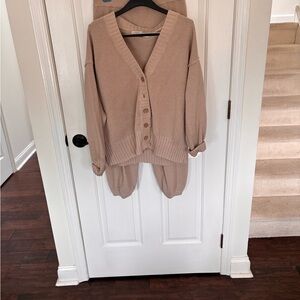 Free People Set Chunky Button-Up Cardigan and pants in Beige